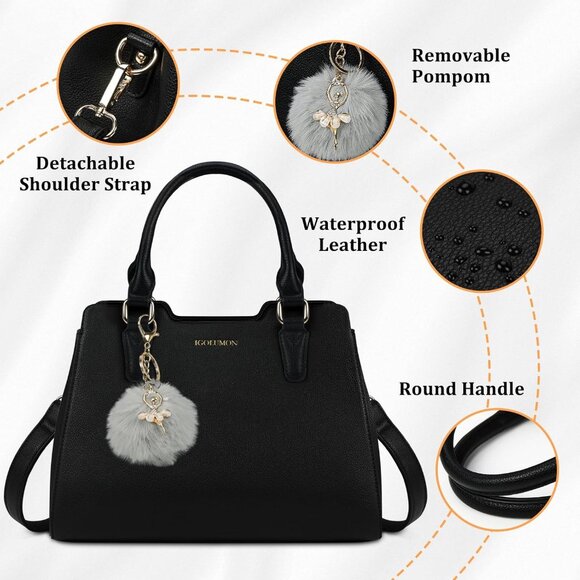 Womens Black PU leather Top-Handle Waterproof Anti Theft Leather Purses Handbag - Picture 3 of 7